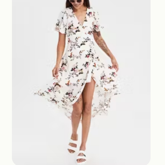 American Eagle Outfitters Dresses & Skirts - AE Floral High Low Wrap Maxi Dress Women's XS Cream Cottagecore Peasant Coastal